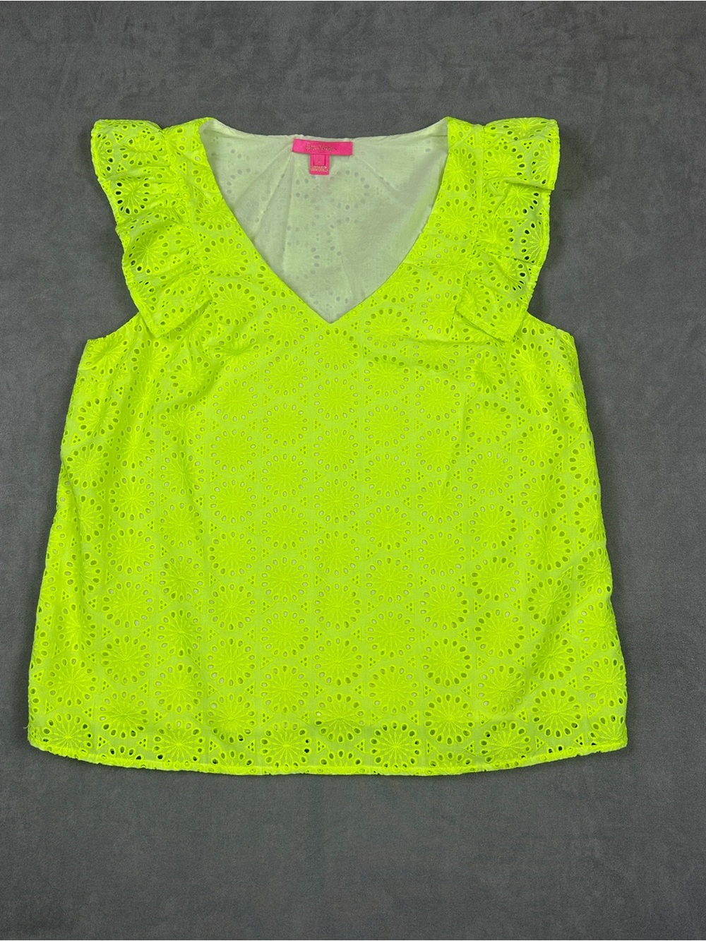 Lilly Pulitzer Lina Geo Eyelet Ruffle Top Prickly Pear Neon Yellow Large